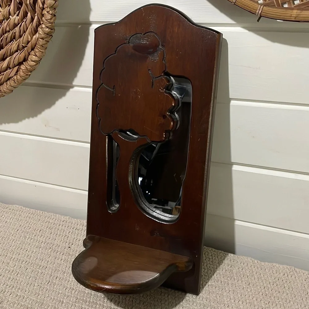 VINTAGE wood wall mirror plant stand‎ candle colder